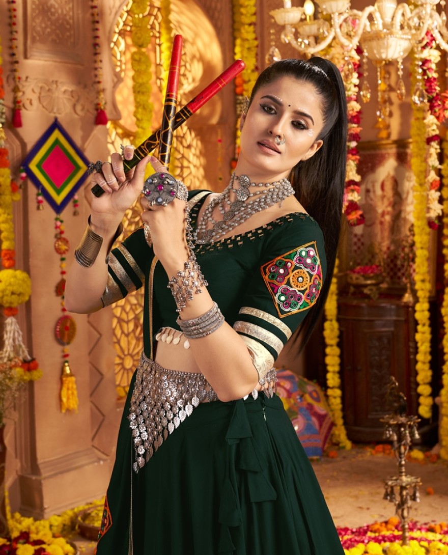 11006 - Intricate Green Viscose Rayon Navratri Wear Lehenga Choli With Dupatta